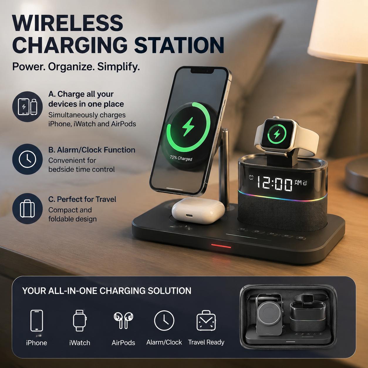 Desk Setup Home Office - Magnetic Wireless Charging Station for Phone