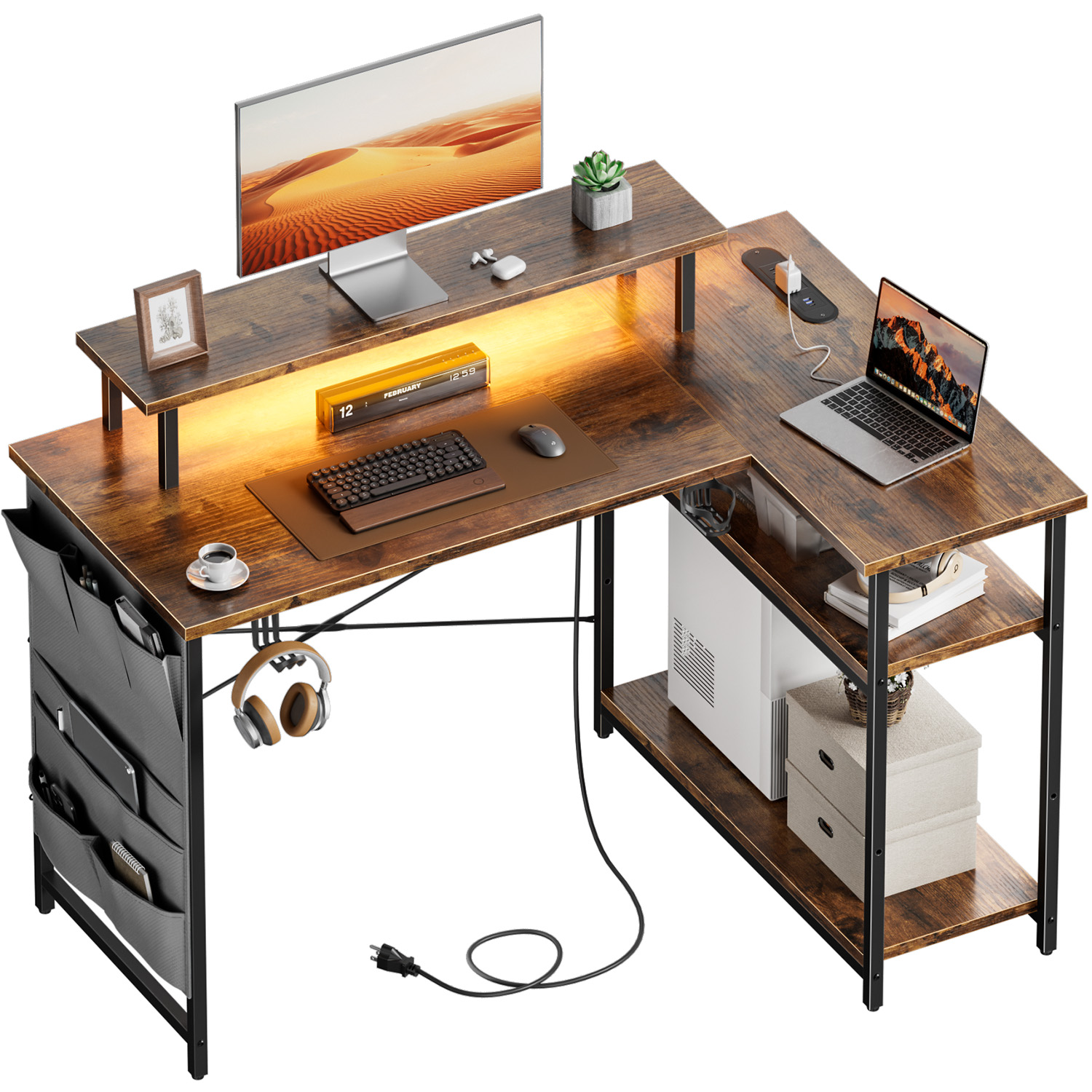 Desk Setup Home Office - L-Shaped Computer Desk, Featuring Power Outlets
