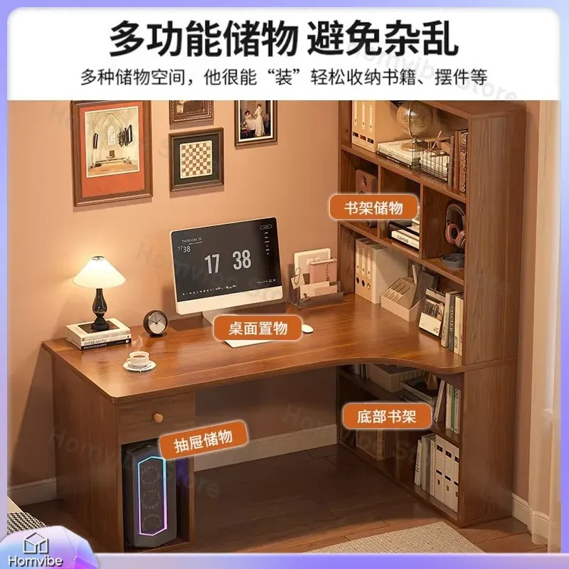 Dual Monitor Desk Setup - L Shaped Computer Desk with Bookshelf