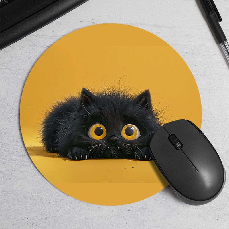 Desk Setup In Office - Cute Black Cat Round Mouse Pad