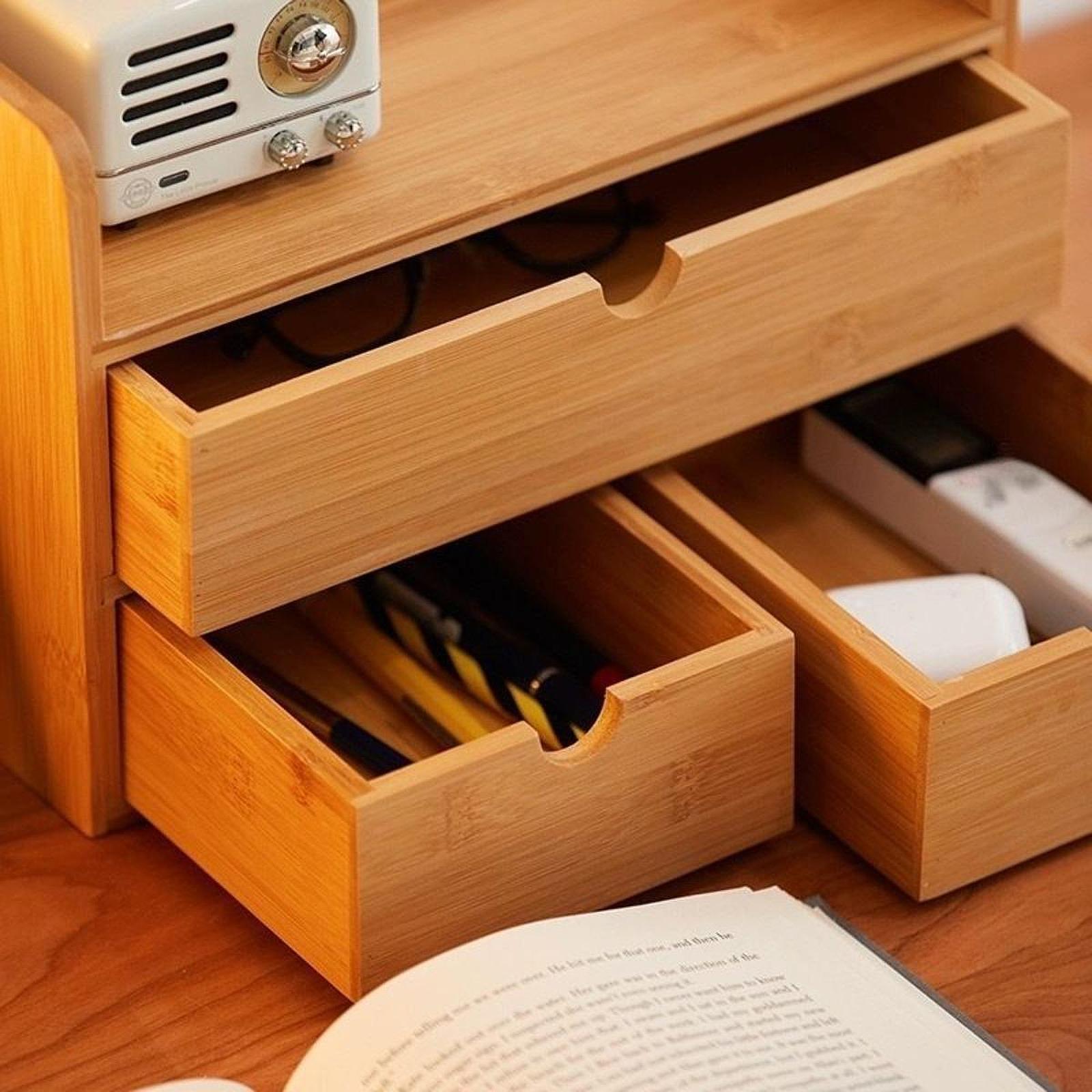 Drawer Organizer Bamboo - Desktop Storage Box with Bamboo Drawers